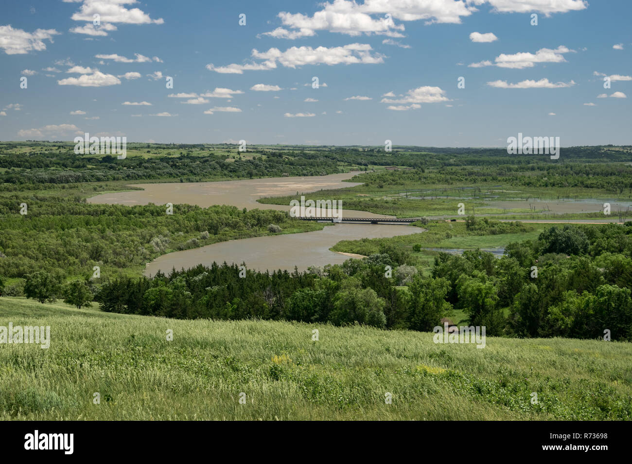 View of the Missouri river from a hill in Niobrara state park. Situated at the confluence of the Niobrara and Missouri rivers on Nebraska`s NE border. Stock Photo